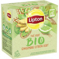 LIPTON - Thé vert aromatisé Gingembre Citron Vert Bio - boite de 20 sachets Sonico.fr