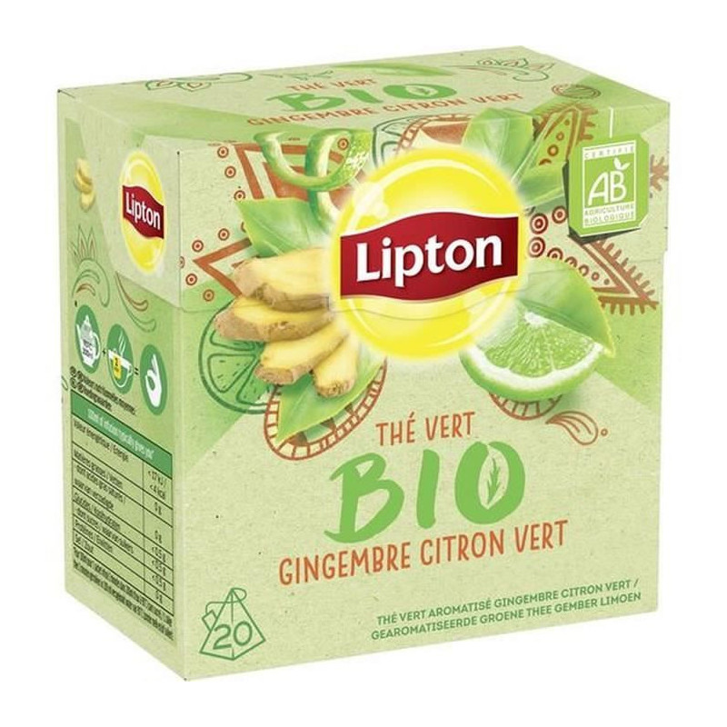 LIPTON - Thé vert aromatisé Gingembre Citron Vert Bio - boite de 20 sachets Sonico.fr