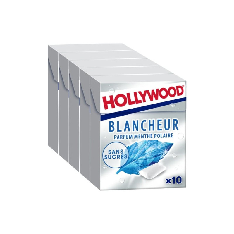 HOLLYWOOD - Blancheur Chewing-gum à la menthe polaire sans sucres - blistaer de 5 boîtes de 10 dragées - 70 g Sonico.fr