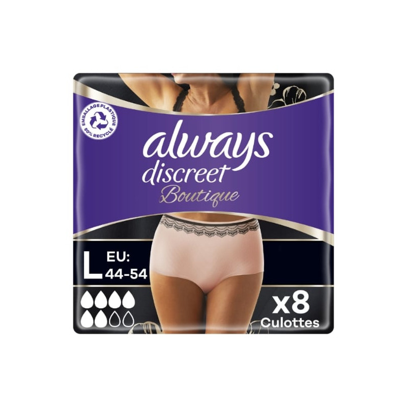ALWAYS - Discreet Culottes Crèmes Plus Taille L  Fuites Urinaires - 8 Culottes Sonico.fr