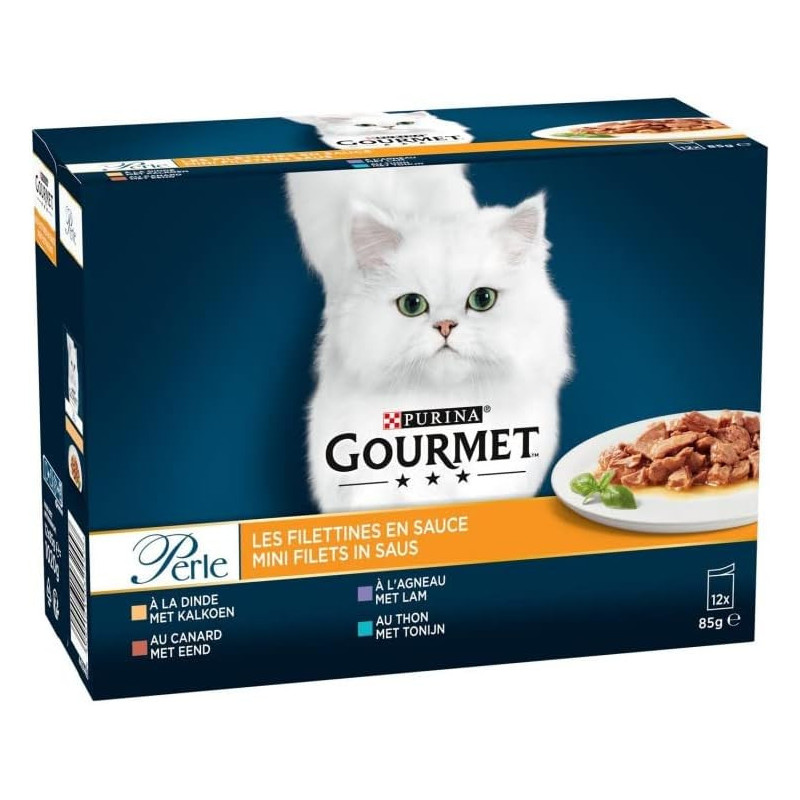 PURINA GOURMET - Perle Les Filettines Dinde Thon Canard Agneau Pâtée pour chat - 12x85 g Sonico.fr