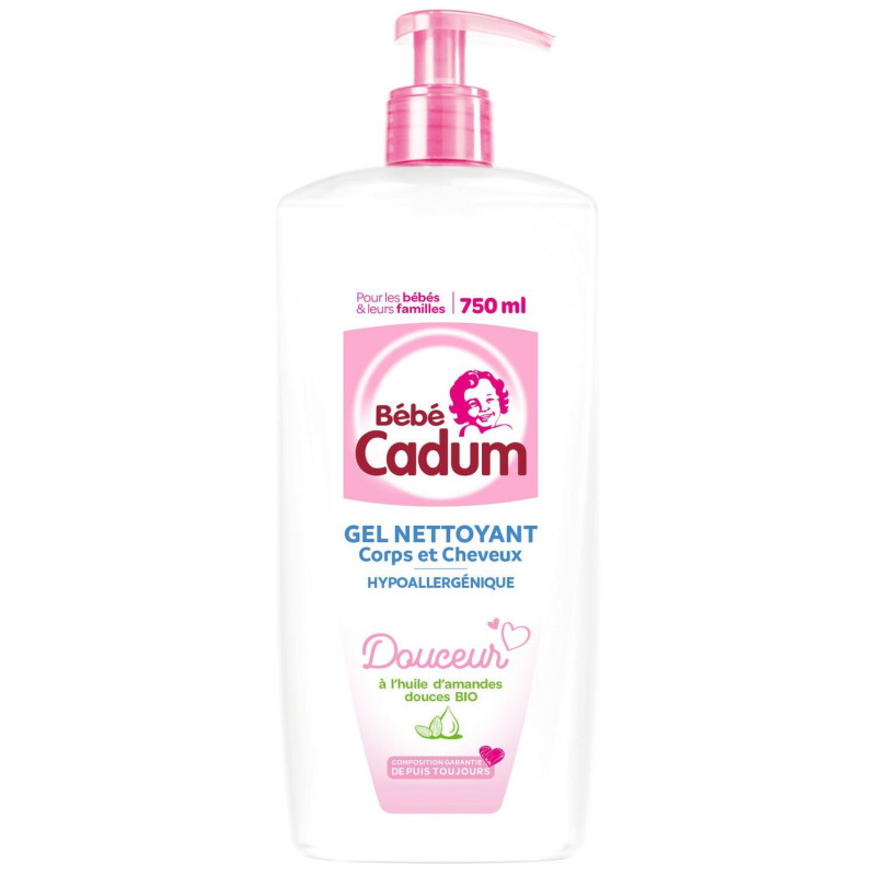 BEBE CADUM - Gel Nettoyant Corps et Cheveux sans savon à l'huile d'amande douce bio - pompe de 750 ml Sonico.fr
