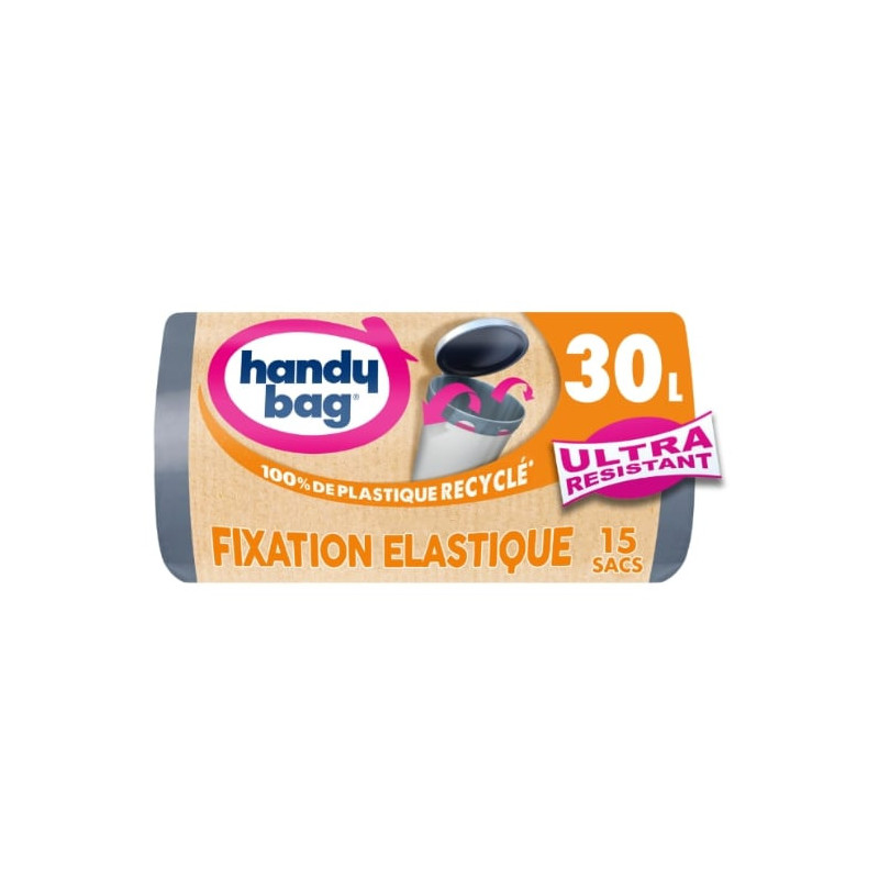 HANDY BAG - Ultra-Résistants Sacs poubelle 30 L à poignées coulissantes Fixation élastique - 15 sacs Sonico.fr