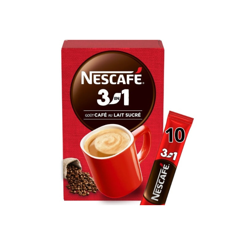 NESCAFE - 3en1 Gout café au lait Boisson au café soluble - 10 Sticks - 165 g Sonico.fr