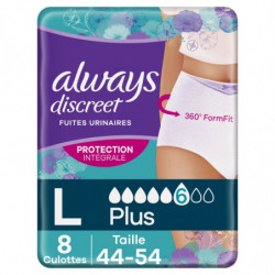 ALWAYS - Discreet Culottes Blanches Plus Taille L Fuites Urinaires - 8 Culottes Sonico.fr