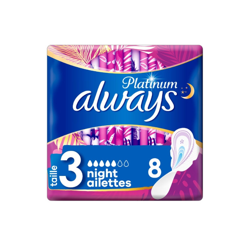 ALWAYS - Platinum Nuit Taille 3 - Serviette Hygiénique Avec Ailettes - paquet de 8 serviettes Sonico.fr