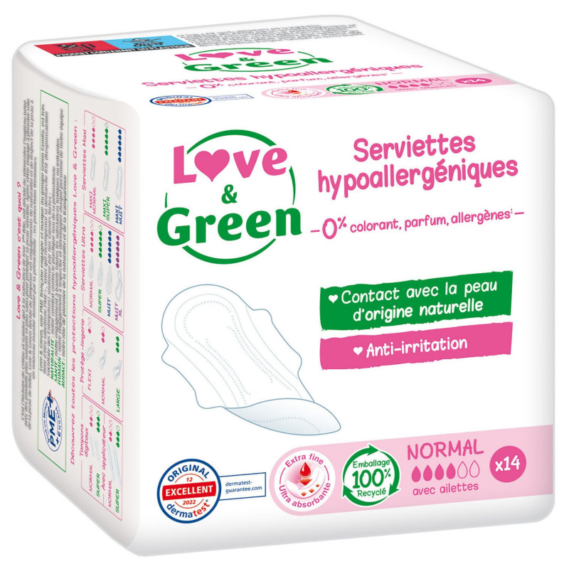 LOVE GREEN - Normal Serviettes hygiéniques hypoallergéniques - paquet de 14 serviettes Sonico.fr