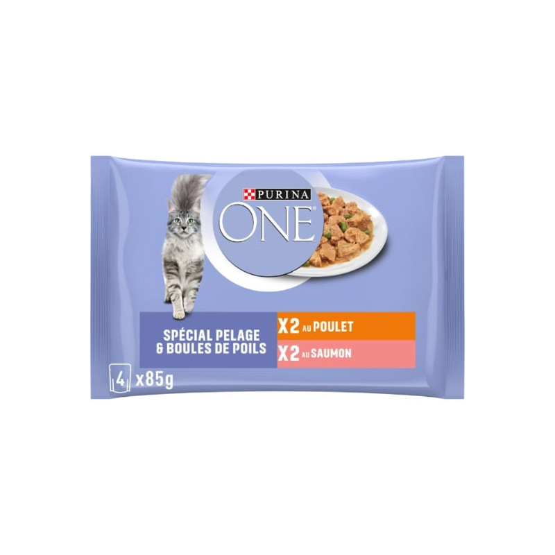 PURINA One - Pelage Et Boules De Poils  Pâtée pour chat Poulet Saumon - blister de 4 sachets de 85 g Sonico.fr