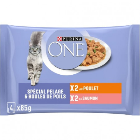 PURINA One - Pelage Et Boules De Poils  Pâtée pour chat Poulet Saumon - blister de 4 sachets de 85 g Sonico.fr