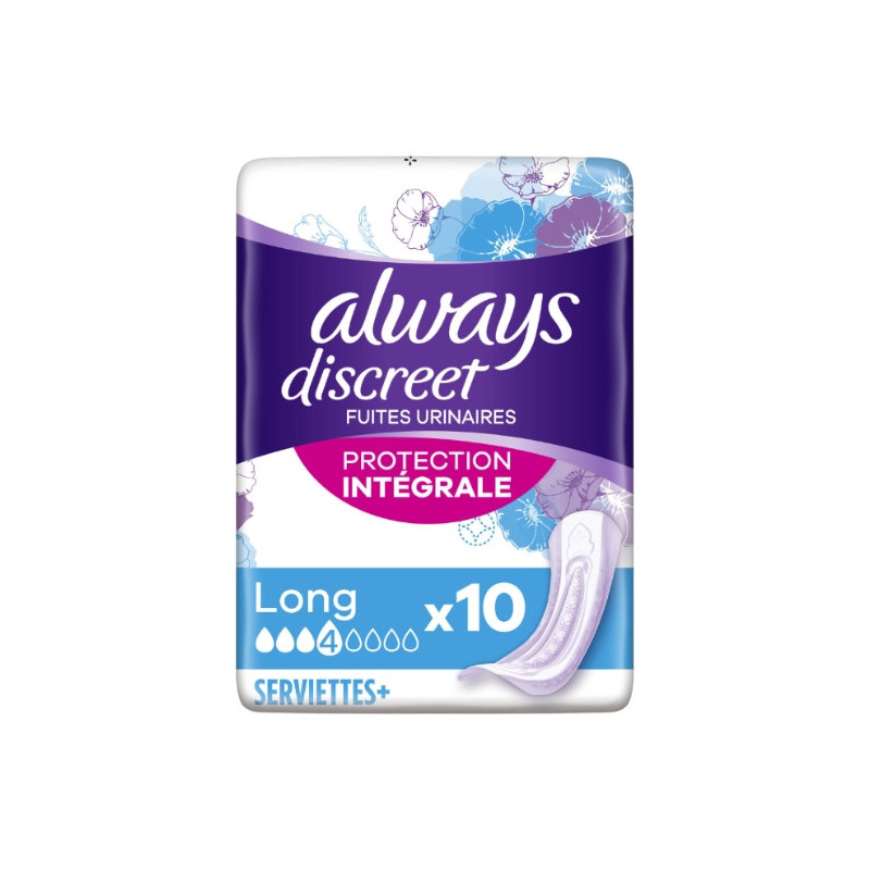 ALWAYS - Discreet Long Fuites Urinaires - paquet de 10 Serviettes Hygièniques Sonico.fr