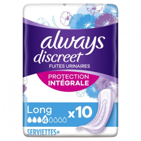ALWAYS - Discreet Long Fuites Urinaires - paquet de 10 Serviettes Hygièniques Sonico.fr