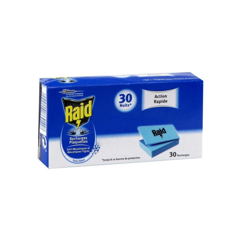 RAID - Recharges plaquettes anti-moustiques Action rapide Bleu - boite de 30 recharges Sonico.fr