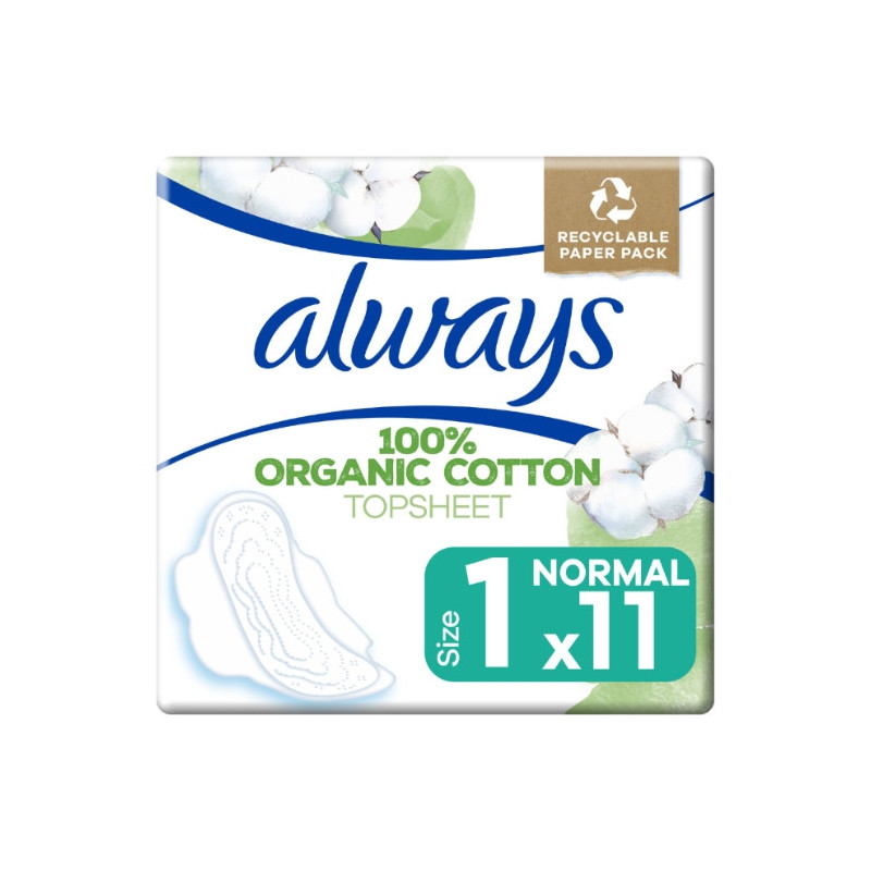 ALWAYS - Cotton protection Serviettes hygiénique au coton bio taille 1 Normal - paquet de 11 serviettes Sonico.fr
