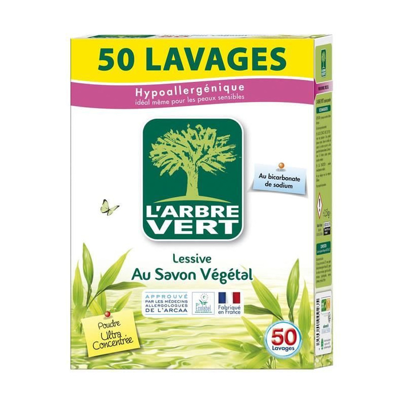 L'ARBRE VERT - Lessive Poudre Hypoallergénique Au Savon Végétal 50 Lavages - boîte de 2,5 kg  Sonico.fr