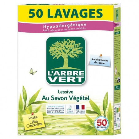 L'ARBRE VERT - Lessive Poudre Hypoallergénique Au Savon Végétal 50 Lavages - boîte de 2,5 kg  Sonico.fr