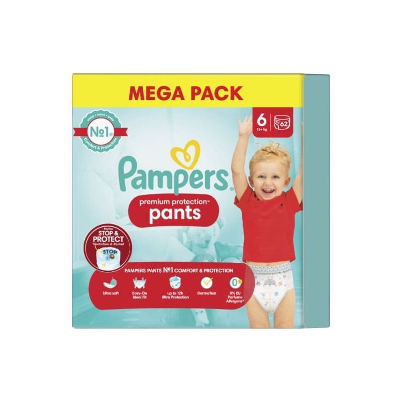 PAMPERS - Pants Premium Protection Couches-Culottes taille 6 (13kg+) - paquet de 62 couches Sonico.fr