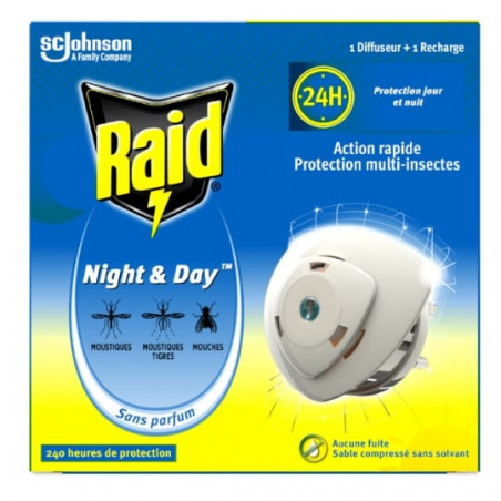 RAID - Diffuseur Électrique Night et Day jusqu'à 240H - 1 diffuseur + 1 recharge Sonico.fr