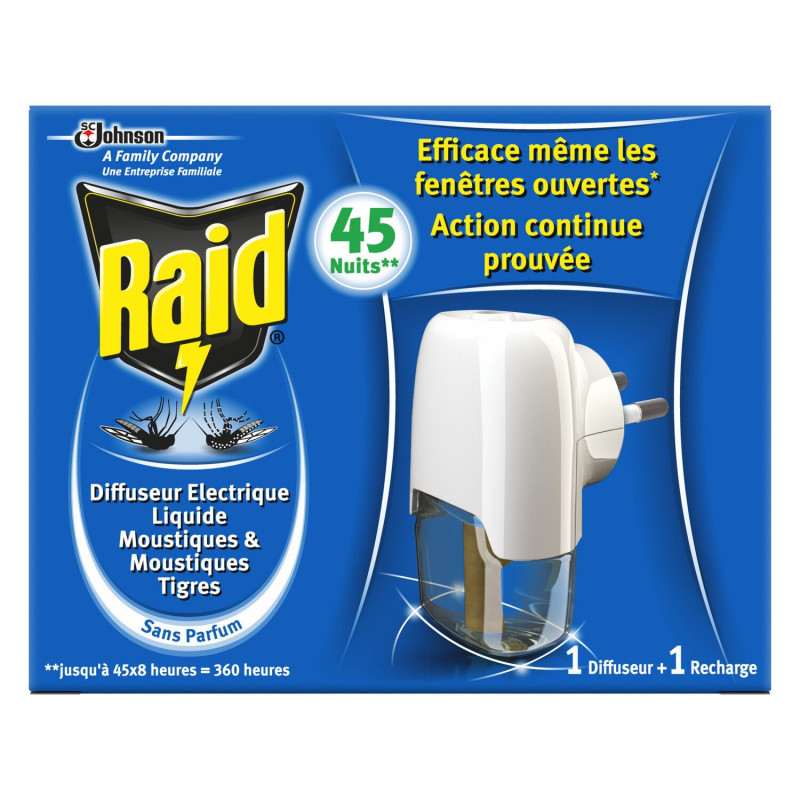 RAID - Diffuseur Électrique Liquide anti-moustiques Sans Parfum - 1 diffuseur + 1 recharge 45 nuits Sonico.fr