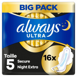 ALWAYS - Ultra Secure Night Taille 5 - Paquet de 16 serviettes hygiéniques Avec Ailettes Sonico.fr