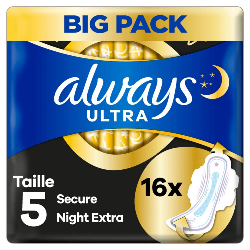 ALWAYS - Ultra Secure Night Taille 5 - Paquet de 16 serviettes hygiéniques Avec Ailettes Sonico.fr