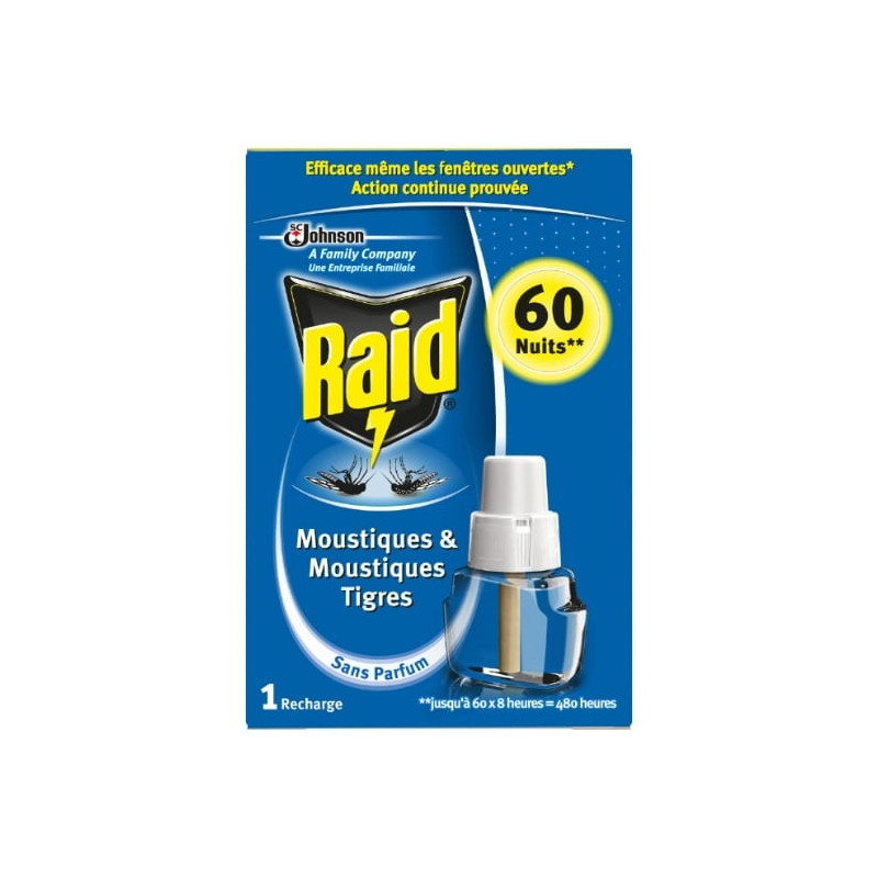 RAID - Recharge Diffuseur électrique liquide anti-moustiques 60 Nuits Sans Parfum Sonico.fr