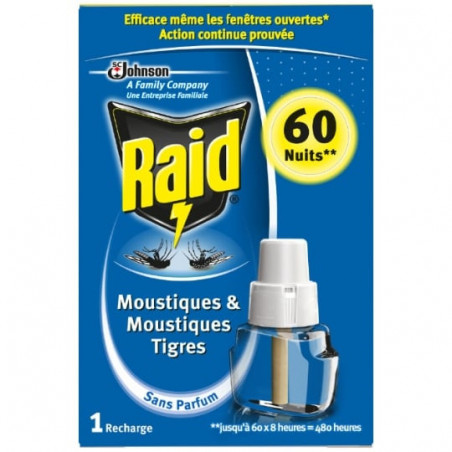 RAID - Recharge Diffuseur électrique liquide anti-moustiques 60 Nuits Sans Parfum Sonico.fr