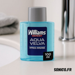 Mise en situation de la lotion WILLIAMS AQUA VELVA posée dans une salle de bain