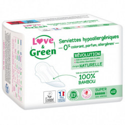LOVE & GREEN - Anti-irritation Super Avec ailettes - paquet de 12 Serviettes hygiéniques Sonico.fr