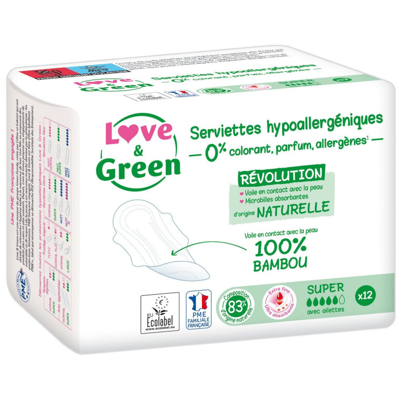 LOVE & GREEN - Anti-irritation Super Avec ailettes - paquet de 12 Serviettes hygiéniques Sonico.fr