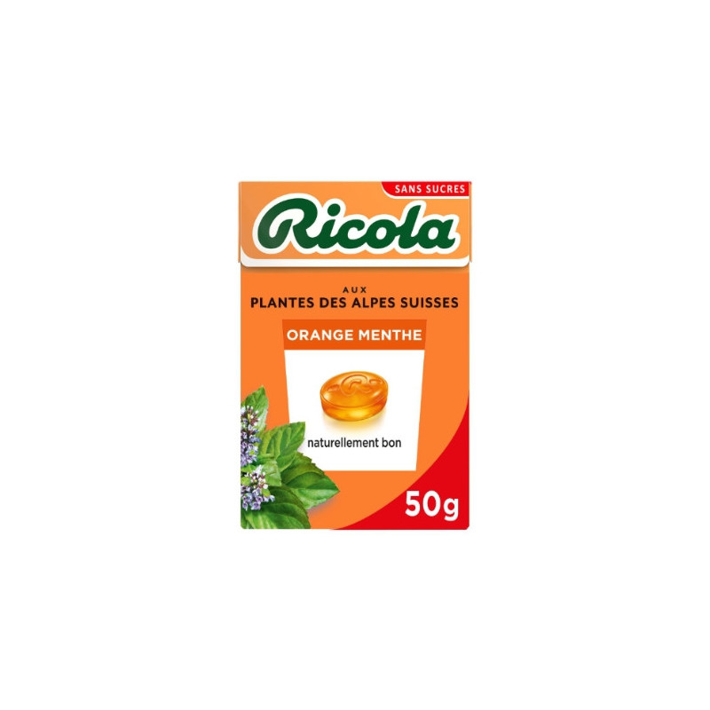 RICOLA - Bonbons Orange Menthe sans sucres - boite de 50 g Sonico.fr