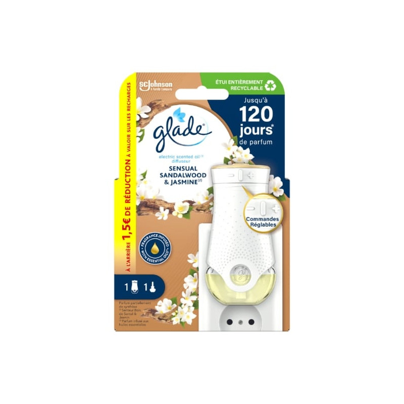 GLADE - Diffuseur électrique Senteur Bois De Santal Jasmin Sensual Sandalwood Jasmine + recharge de 20 ml Sonico.fr
