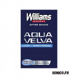 Flacon WILLIAMS AQUA VELVA 100 ml affiché avec logo SONICO.FR sur fond bleu