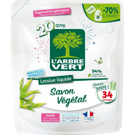 L'ARBRE VERT - Recharge lessive liquide savon végétal 34 lavages - recharge de 1,5 l Sonico.fr