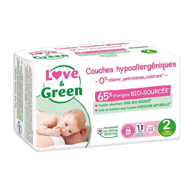 LOVE & GREEN - Couches écologiques taille 2 (3-6 kg) - paquet de 44 couches Sonico.fr