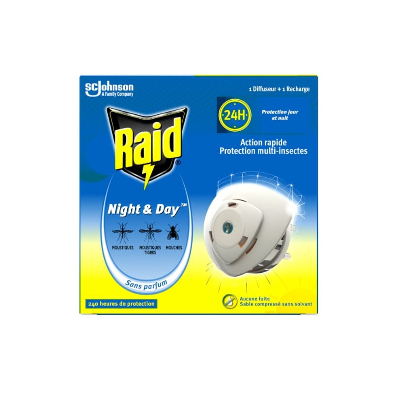 RAID - Diffuseur Électrique Night et Day jusqu'à 240H - 1 diffuseur + 1 recharge Sonico.fr