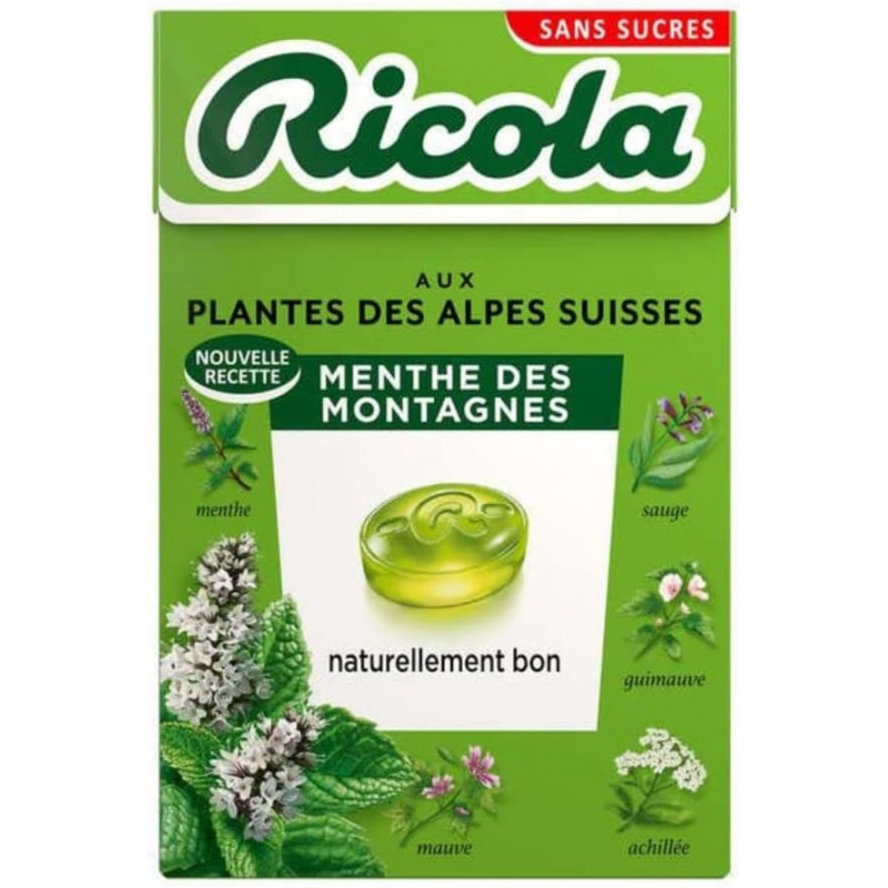 RICOLA - Bonbons Menthe des Montagne sans sucres - boite de 50 g Sonico.fr
