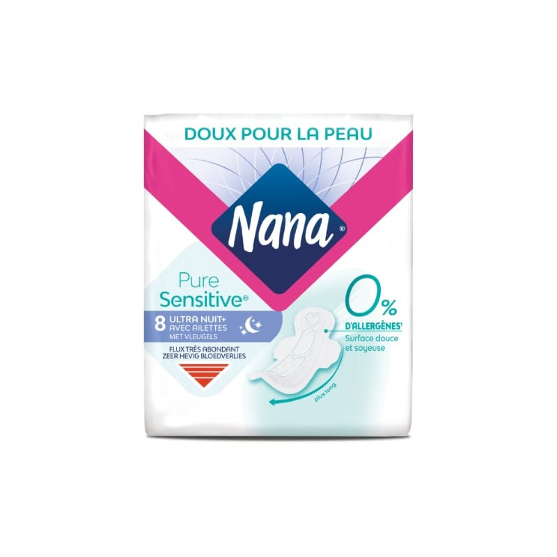 NANA - Pure Sensitive Ultra Nuit Plus Serviettes hygiéniques - paquet de 8 serviettes  Sonico.fr