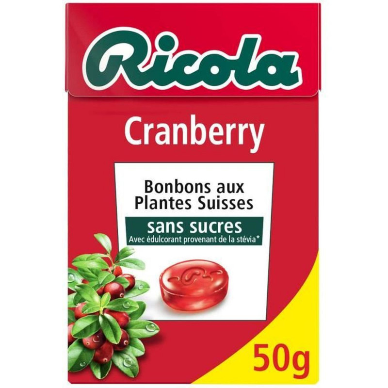 RICOLA - Bonbons Cranberry aux Plantes Sans Sucres - boite de 50 g Sonico.fr