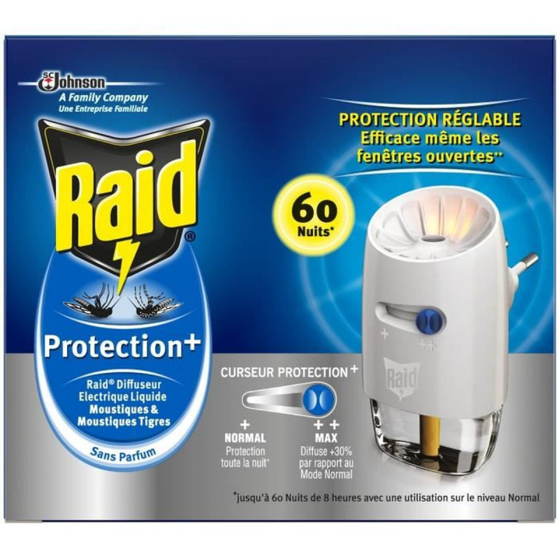 RAID - Diffuseur Liquide Anti-moustiques Protection+ 60 nuits avec curseur  Sonico.fr