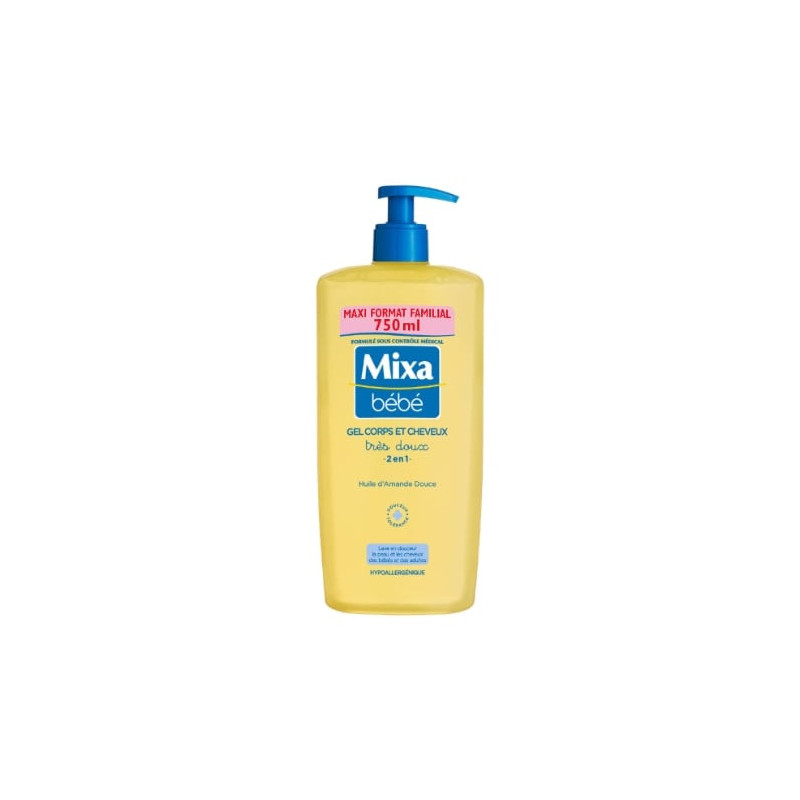 MIXA - Bébé Gel très doux 2en1 Corps Cheveux Huile Amande douce - pompe de 750 ml Sonico.fr