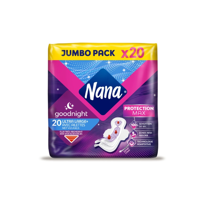 NANA - Ultra Large Goodnight avec ailettes - paquet de 20 serviettes hygiéniques Sonico.fr