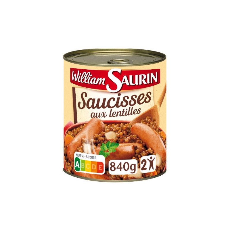 WILLIAM SAURIN - Saucisses Lentilles Plat cuisiné - boite de 840 g Sonico.fr