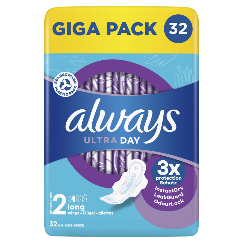 ALWAYS - Ultra Day Long Taille 2 Serviette Hygiénique Avec Ailettes - paquet de 32 serviettes Sonico.fr