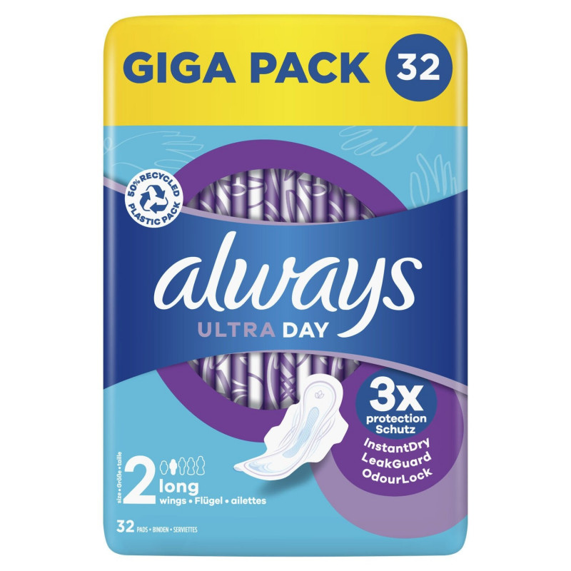 ALWAYS - Ultra Day Long Taille 2 Serviette Hygiénique Avec Ailettes - paquet de 32 serviettes Sonico.fr
