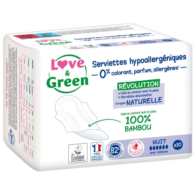 LOVE GREEN - Nuit Serviettes Hygiéniques Hypoallergéniques - paquet de 10 Serviettes Sonico.fr