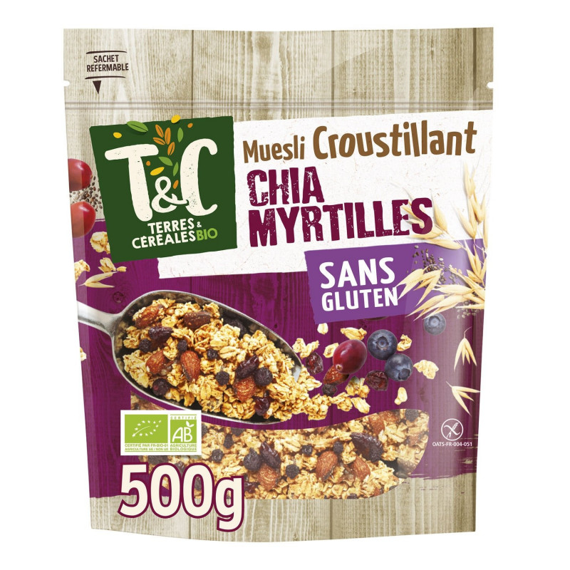 TERRES ET CEREALES - Muesli Bio Croustillant Chia Myrtilles - paquet de 500 g  Sonico.fr
