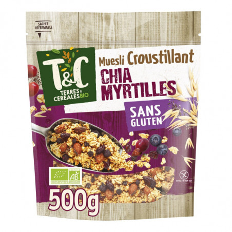 TERRES ET CEREALES - Muesli Bio Croustillant Chia Myrtilles - paquet de 500 g  Sonico.fr