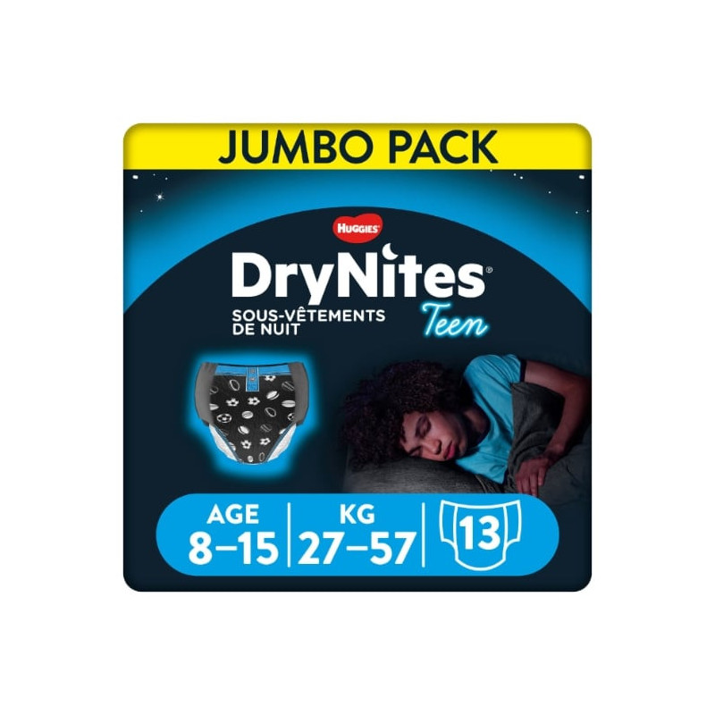 HUGGIES - DryNites Teen - Slips de nuit garçons 8-15 ans (27-57kg) - 13 culottes Sonico.fr