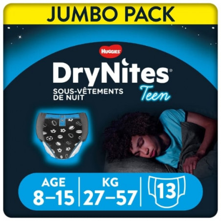 HUGGIES - DryNites Teen - Slips de nuit garçons 8-15 ans (27-57kg) - 13 culottes Sonico.fr