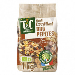 TERRES ET CEREALES - Muesli Bio Croustillant Duo Pépites Chocolat Noir et Lait- paquet de 1 kg  Sonico.fr